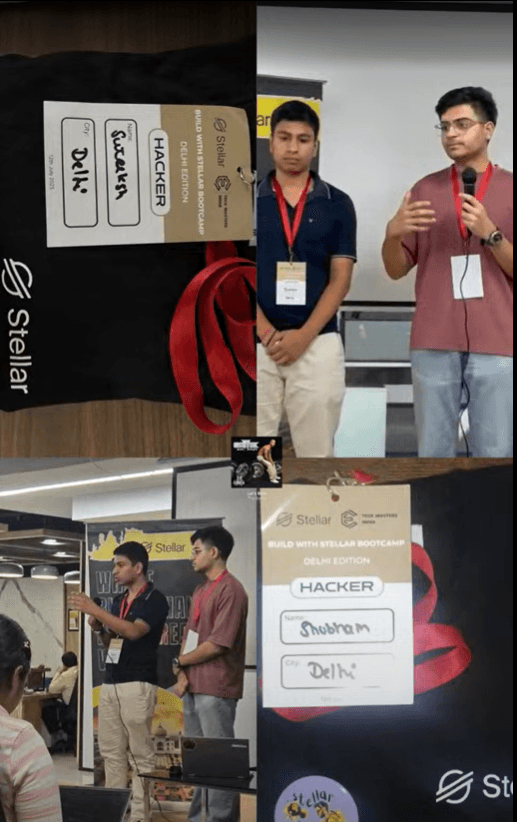 Build with Stellar Bootcamp hacker badge and speaking on stage