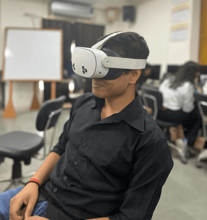 Trying a VR headset in a classroom