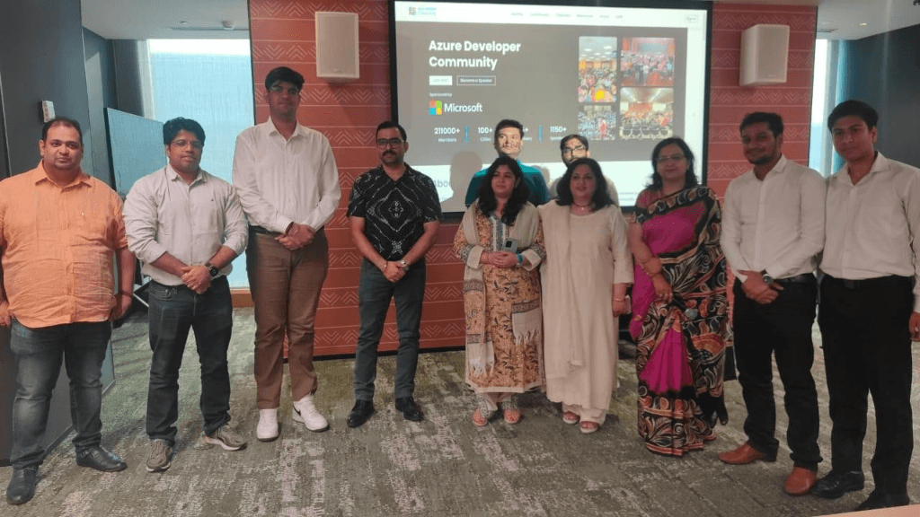 Group photo in front of an Azure Developer Community slide